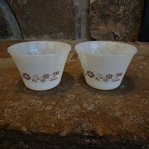 Vintage Dynaware Milk Glass Custard Cups Set 2 Brown Daisy Ramekins Termocrisa
